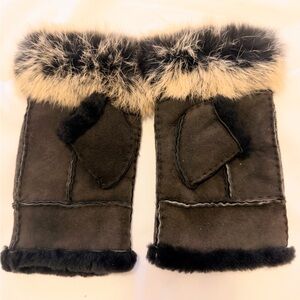 Overland Shearling, Real Rabbit Fur Trim Fingerless Gloves